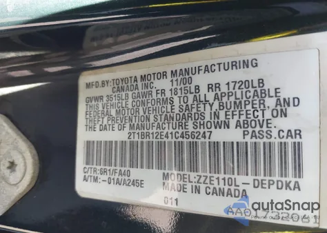 2001 Toyota Corolla Le from USA, damaged, VIN 2T1BR12E41C456247